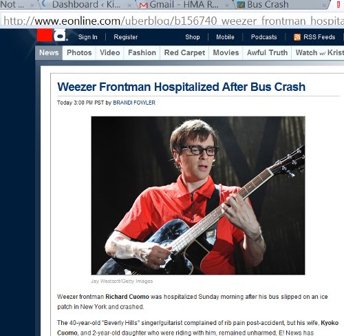 Rivers Cuomo (or some dude named Richard Cuomo) was hurt in a bus crash.